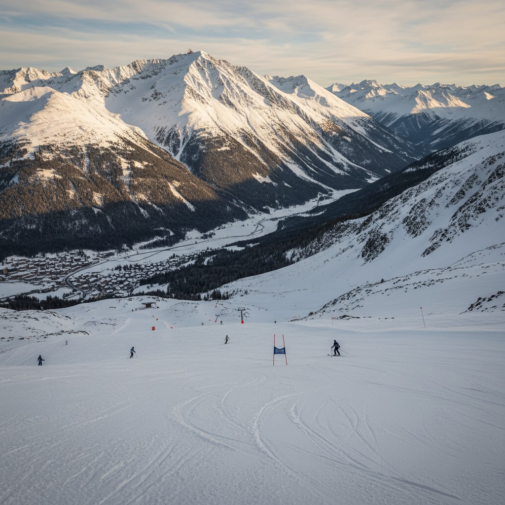 Scaricatrici e sciatori si muovono su una pista da sci innevata in primo piano, con una vasta vallata alpina e montagne innevate sullo sfondo.